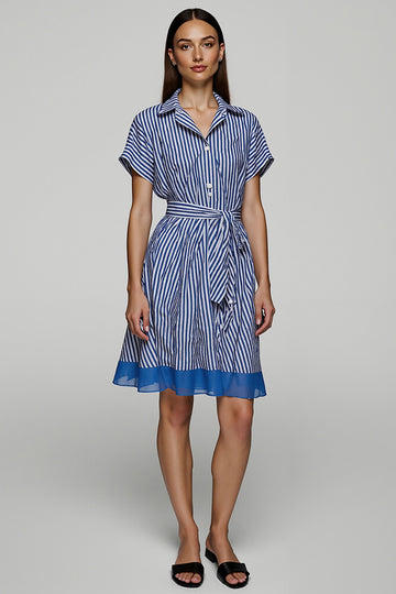 Stripe A Line Blue Laple Neck Work Dress